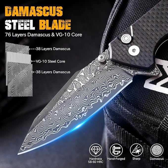 Damascus Pocket Knife for Men 3.35 Sharp Damascus Steel Blade Folding Knives Carbon-Faced G10 Handle EDC Knifes for Camping Hiking Collection