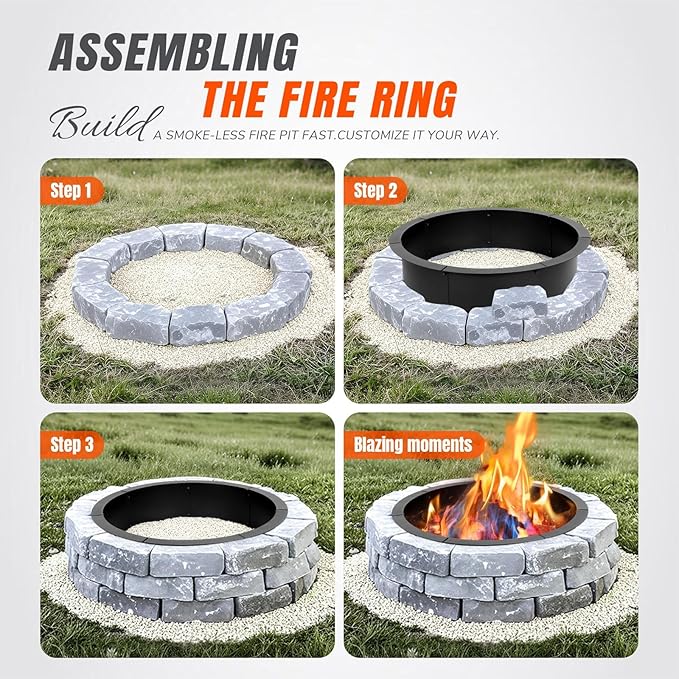 INNO STAGE 31 Inch Fire Pit Ring (35 Inch Outer) Heavy Duty Steel Fire Ring Outside Large Round Fire Pit Insert DIY Camping Fire Ring Above or In-Ground Black Carbon for Patio Backyard Bonfire