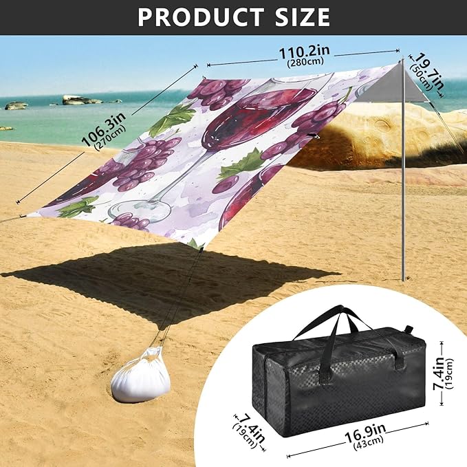 ALAZA Watercolor Glass of Red Wine Grapes Seamless Beach Tent Sun Shelter Portable Canopy Sunshade for Outdoor Camping Picnics Backyard Fun 10x9 ft