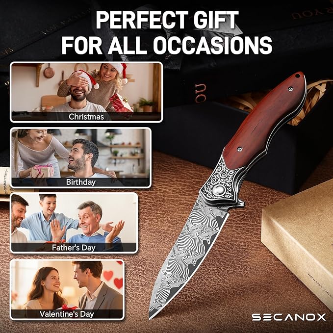 Damascus Pocket Knife Sharp 3.54 Damascus Steel Folding Knives with Wood Handle EDC Knife for Camping Hiking Collection