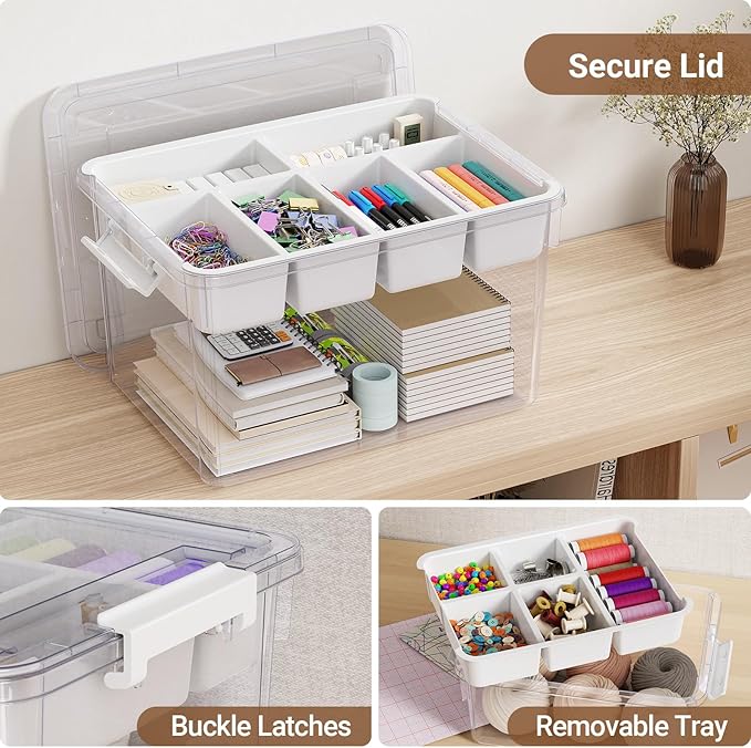 40Qt Large Stackable Storage Bin with Lid &amp Tray Clear Plastic Latching Box Organizer with Divider Portable 10Gal Container for Arts &amp Crafts Home and Car Trunk Organization 1Pack