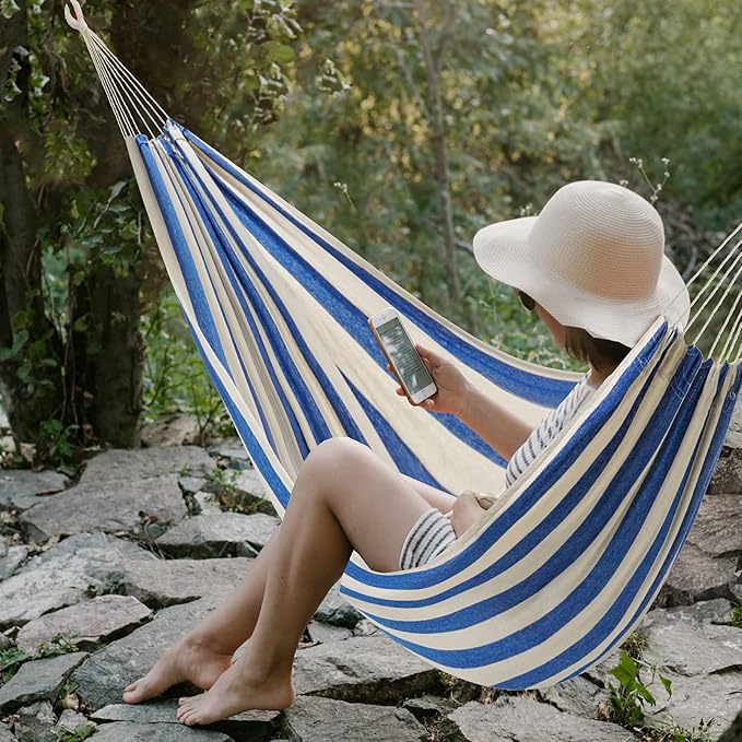 Double Hammock Brazilian Hammocks with Portable Carrying BagSoft Cotton Fabric Up to 450 Lbs Hanging for PatioTreesGardenBackyardPorchOutdoor and Indoor XXX-Large Stripe (Blue-White)