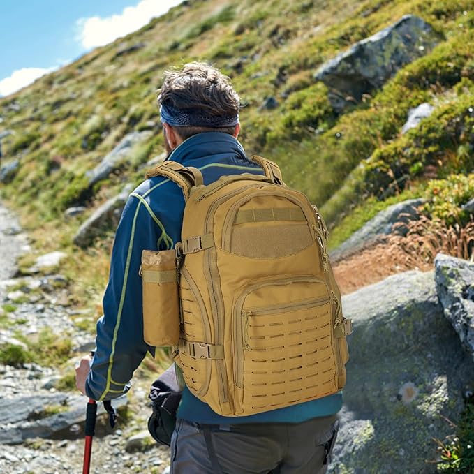 LiveGo 45L Military Tactical Backpack Hiking Trekking Rucksack with Water Bottle Sleeve - Suitable for Hiking Climbing Traveling (Light Brown)