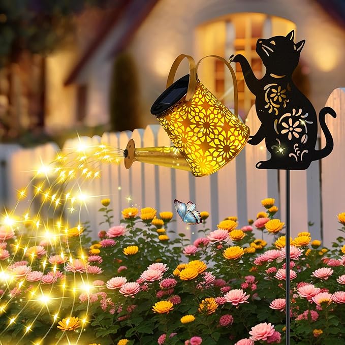 Solar Lights Outdoor Decorative Watering Can with Cascading Lights with Cat Silhouette Garden Stakes Waterproof Metal Garden Decor for Yard Art Outside Patio Lawn 2PACK