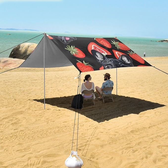 ALAZA Dog French Bulldog Puppy Strawberry Beach Tent Sun Shelter UPF50+ Protection Beach Shade Canopy w/ 4 Sandbags for Outdoor Camping Fishing Backyard Fun Picnic 10x9 ft