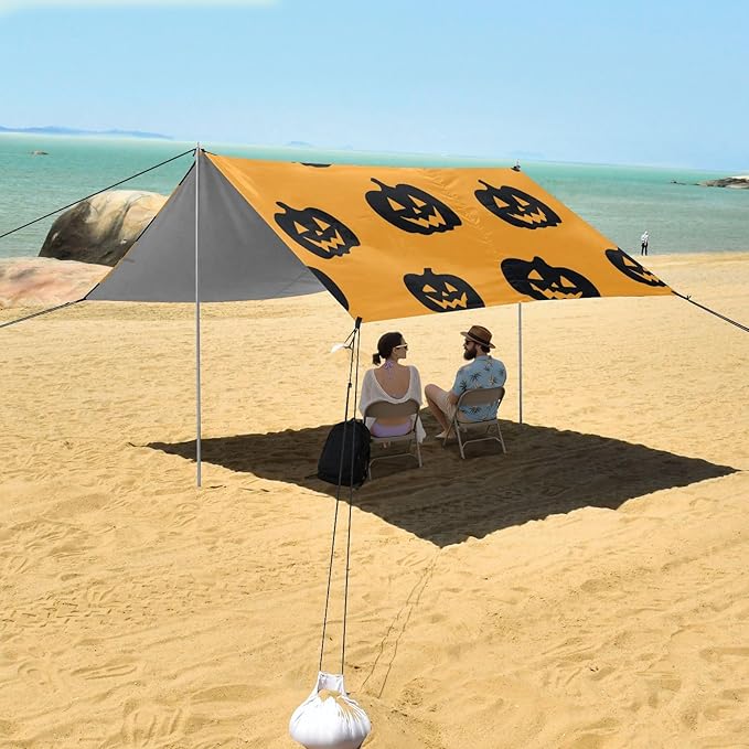 ALAZA Black Pumpkin Silhouette Pattern Beach Tent Sun Shelter UPF50+ Protection Beach Shade Canopy w/ 4 Sandbags for Outdoor Camping Fishing Backyard Fun Picnic 10x9 ft