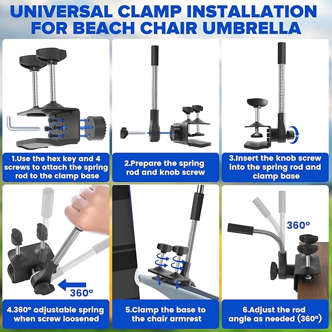 Beach Umbrella2PACK 48.7inch Chair Umbrella with Clamp adjustable 360°UV Protection Large Camping Chair Umbrellas for Camping chair Glof CartTable(ChairTable not include)