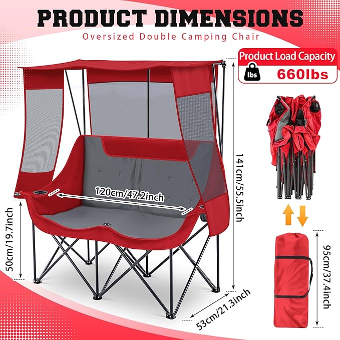 Teenyyou Double Camping Chair with Canopy Shade 660lbs Heavy Duty Beach Chair Portable Folding 2 Person Camping Loveseat with Cup Holder and Storage Bag for Lawn Beach Outdoor Sport(Red and Grey)