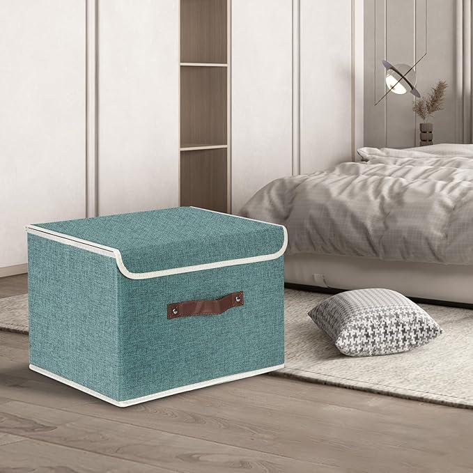 TYEERS Foldable Storage Boxes with Lids 5 Pack Fabric Storage Bins with Lids Closet Organizers for Clothes Storage Room Organization Office Storage Toys - Aqua Deep