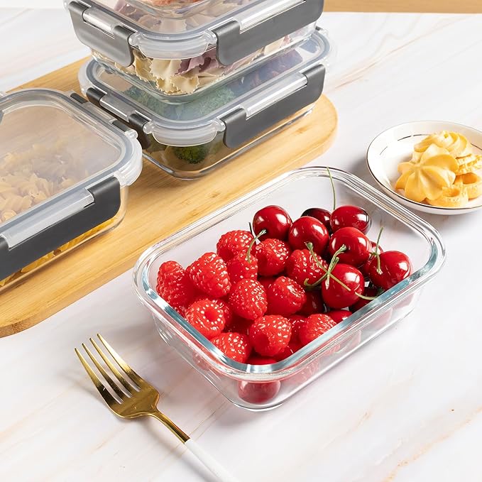 10 Pack 22 oz Glass Meal Prep Containers Food Storage Containers with Lids Airtight Leakproof Lunch Containers for Kitchen Freezer Microwave Dishwasher Safe (Grey)