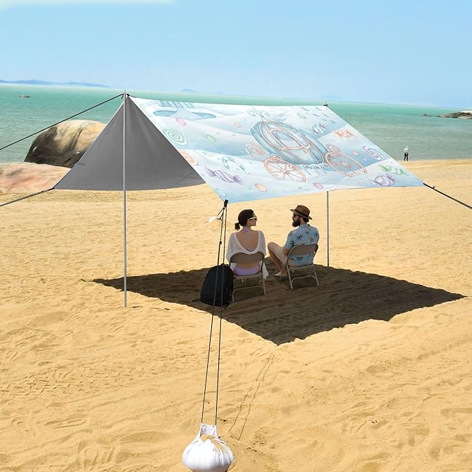 Winter Scenery Beach Canopy Sun Shelter with Sandbags &amp Sand Shovel &amp Windproof Ropes - Portable 110x126 Beach Shade Beach Tent for Camping Picnics
