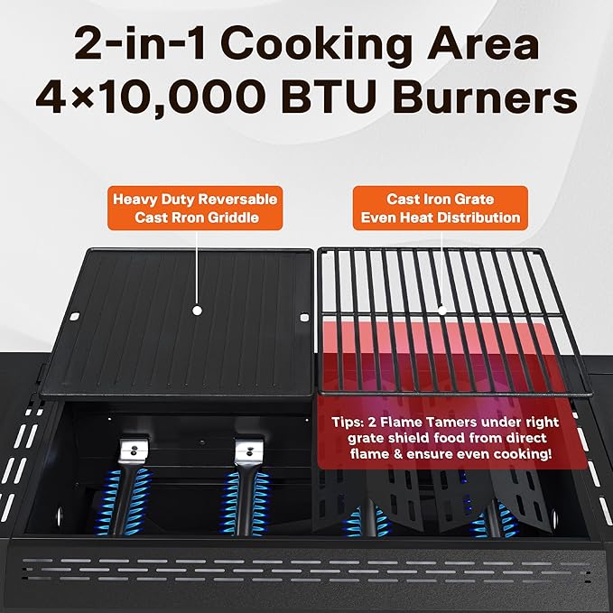 4 Burner Propane Gas Grill with 1 Side Burner 50000 BTU Outdoor BBQ Grill Heavy-Duty Steel Construction Cast Iron Cooking Grates &amp Griddle Backyard Patio Barbecue