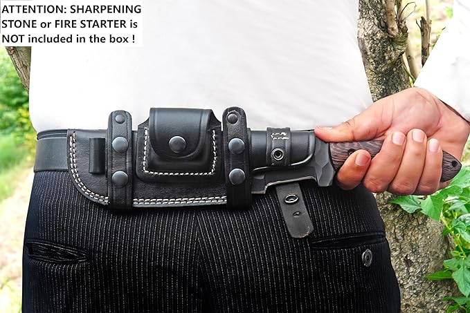 Ottoza 1095 Carbon Steel Tracker Knife with Horizontal Carry Leather Sheath – Full Tang Fixed Blade Survival Knife for Outdoors and Wenge Wood Handle 412