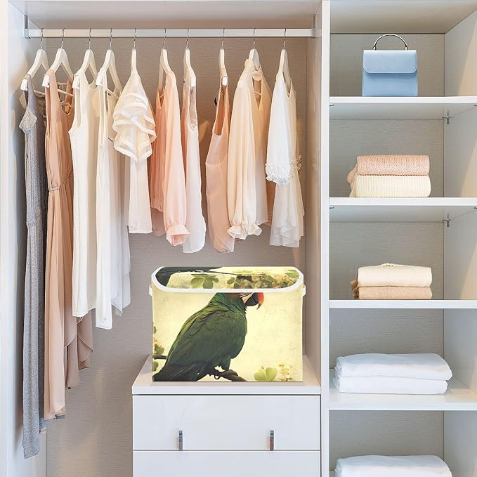 Storage Cube with Lid Parrot Green Print 16.5×12.6×11.8 IN Collapsible Large Capacity Foldable Storage Basket Bin Organizer