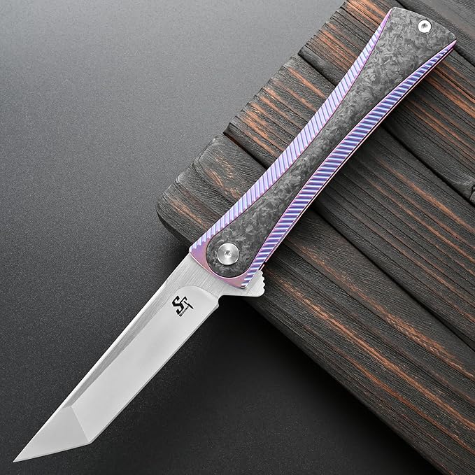 Sitivien ST994 Folding Knife Handmade M390 Brushed Steel Blade Titanium Carbon Fiber Handle with Ball Bearing for Outdoor Camping Hiking Survival (Pink)