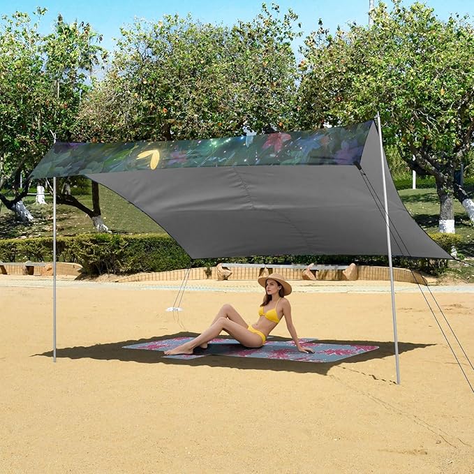 ALAZA Rainbow Salamander Axolotl Butterfly Beach Tent Sun Shelter UPF50+ Protection Beach Shade Canopy w/ 4 Sandbags for Outdoor Camping Fishing Backyard Fun Picnic 10x9 ft