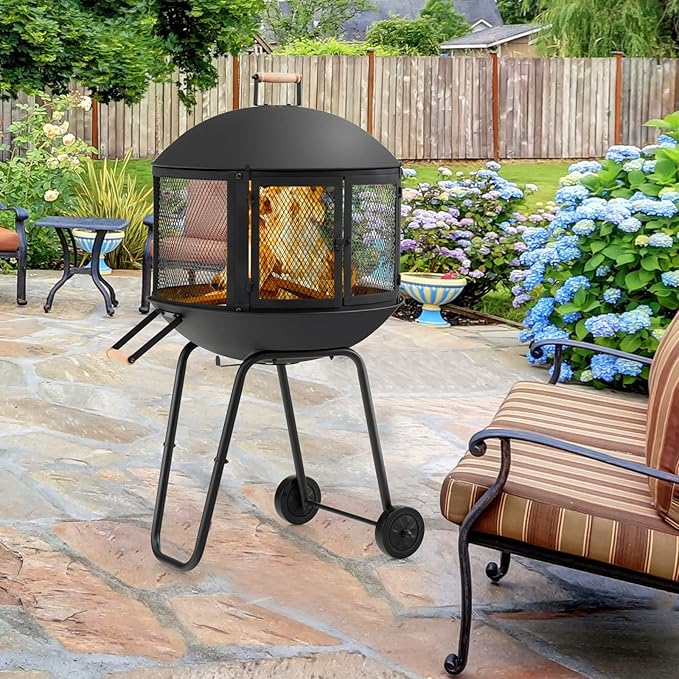 Tangkula Portable Fire Pit with Wheels 28 Inch Wood Burning Fire Pit with Log Grate Poker Rolling Patio Fireplace Wooden Bonfire Firepit for Outdoor Entertaining Black