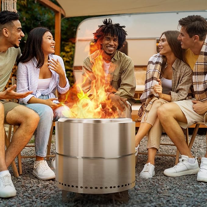 BRIOPAWS Large Smokeless-fire-pit Outdoor | 19 IN | 304 Stainless-Steel-Firepit | Portable Solo Fire Pits for Outside Camping | Low Smoke Stove | Wood Burning Chimenea Inclu. Bag BBQ Forks Handles