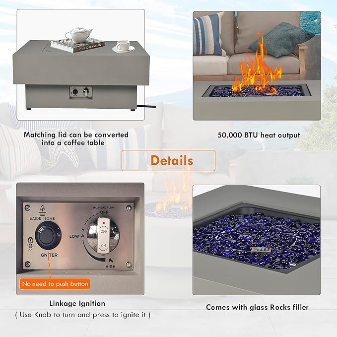 32.5-inch Fire Table with Natural Gas Conversion Kit 50000BTU Outdoor Modern Patio Fire Pit Table w/Square Burner Lid Glass Rocks Cover