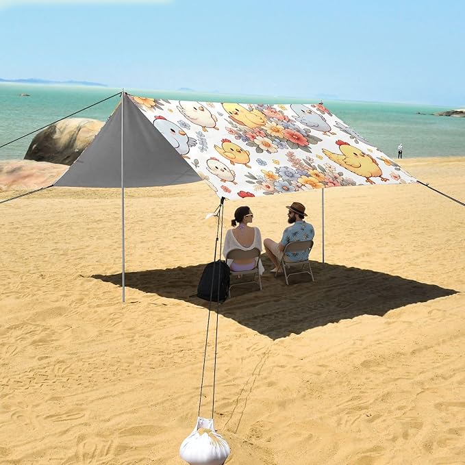 Cute Floral Cartoon Chickens Beach Tent Sun Shelter Set UPF50+ UV Protection 10.5 x 9.19 FT Camping Shade Canopy with Sandbags Sand Anchors Carrying Bag and Others