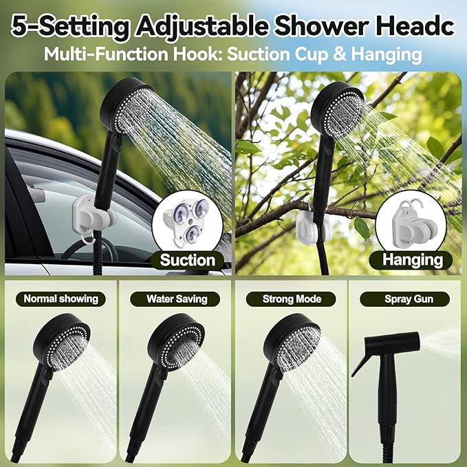 11PCS Portable Shower with Heater for Camping Shower Tent Set 1500W Immersion Heater with Auto Shut-Off 6000mAh Rechargeable Portable Shower with 5 Gallons Foldable Bucket USB Solar Charging Panel
