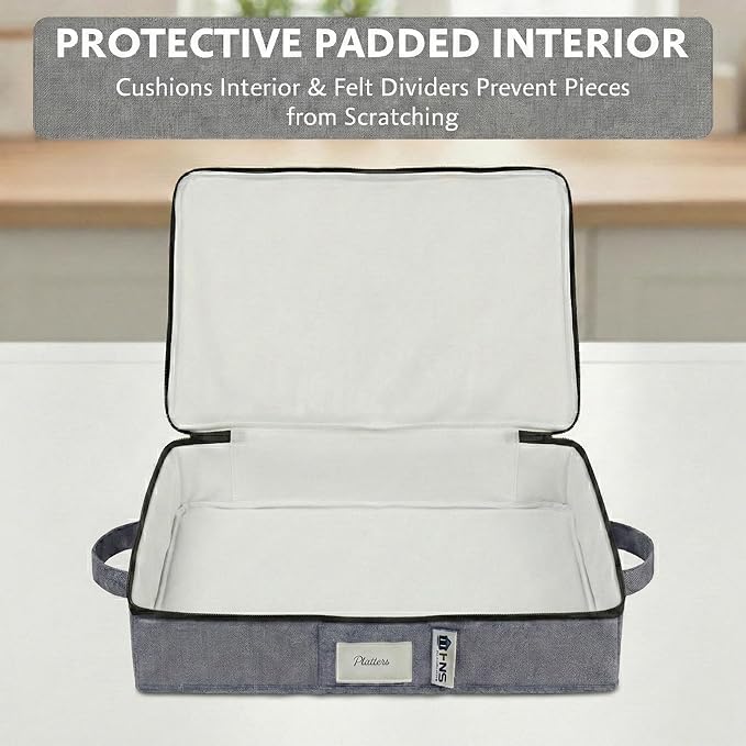 Platter Storage Containers - Hard Shell Protection for Fine China Sturdy Dish Organizer with Dividers for Seasonal Storage Moving &amp More - Protects up to 4 Platters (Gray)