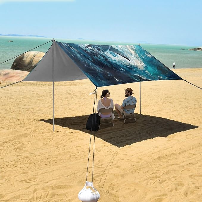 Fierce Shark Beach Tent Sun Shelter Set UPF50+ UV Protection 10.5 x 9.19 FT Camping Shade Canopy with Sandbags Sand Anchors Carrying Bag and Others