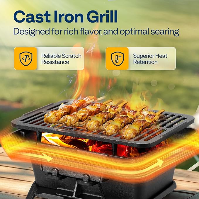 VIVOHOME Rectangle Cast Iron Charcoal Grill with Double-Sided Grate Portable Outdoor BBQ Grill Compact Tabletop Grill Stove (Note: The charcoal grid is made of stainless steel not cast iron)