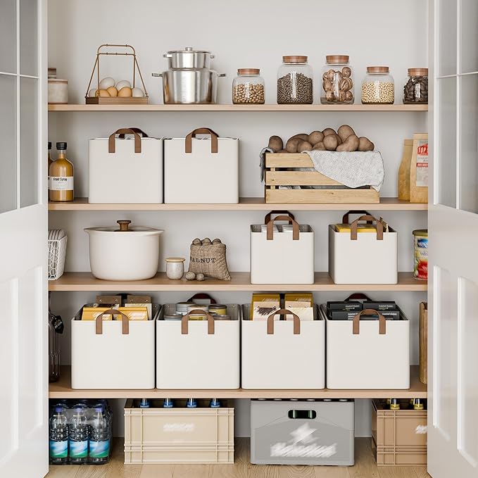 StorageWorks Storage Bins Fabric Storage Bins for Shelves Storage Baskets with Metal Frame Closet Baskets and Bins with Handles Beige 2-Pack