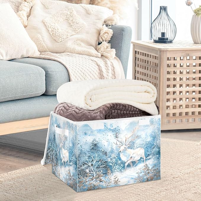 senya Winter Baskets Collapsible Storage Bins with Lids Winter White Reindeer Snow Storage Boxes Clothes Baskets for Organizing