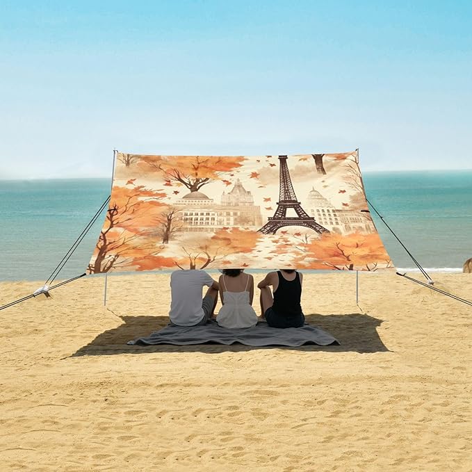 ALAZA Vintage Paris Eiffel Tower Maple Leave Beach Tent Sun Shelter Portable Canopy Sunshade for Outdoor Camping Picnics Backyard Fun 10x9 ft