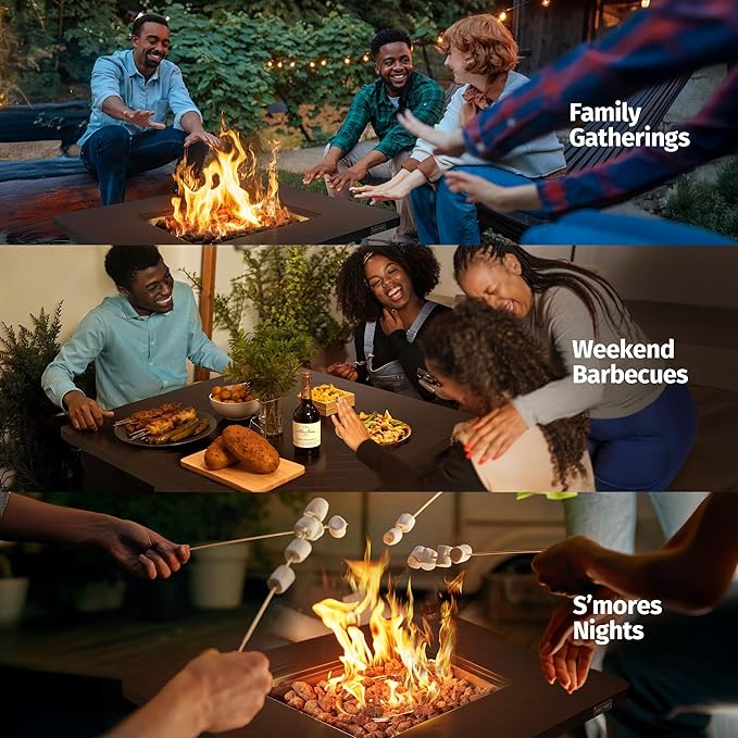 EAST OAK 28'' Steel Propane Fire Pit Table 50000 BTU CSA Certified Fire Table with Magnetic Lid Steel Gas FirePit for Outdoor and Garden Cover-Storage Basket and Lava Rock  Chocolate Coffee
