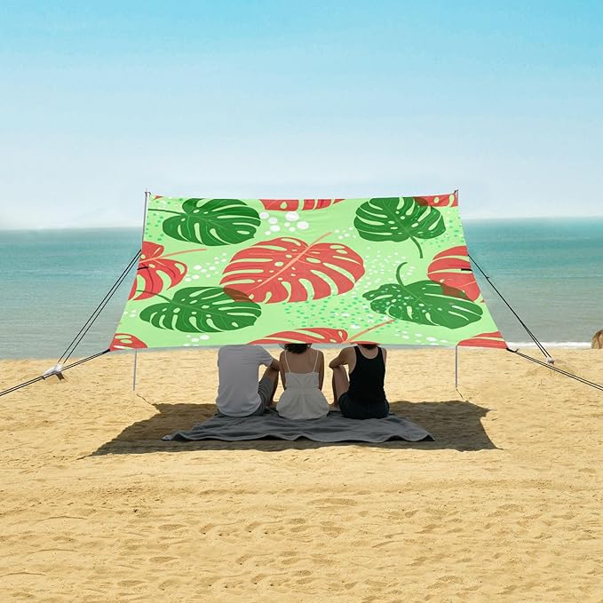 Beach Canopy with Windproof Ropes &amp Sandbags Beach Tent Sun Shade Sun Shelter for Camping Trips Fishing Backyard Fun or Picnics Leaf