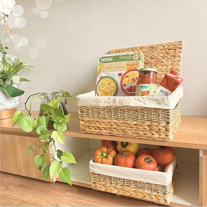 Wicker Storage Baskets with Lid and Lining Built-in Carry Handles Set of 2 Handwoven Water Hyacinth Storage Baskets For Organizing Home Decoration 2 Pack Natural