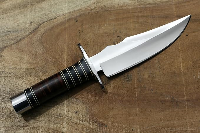 GCS Custom Handmade Stacked Leather Handle D2 Tool Steel Blade Full Tang Bowie Knive with Leather Sheath for Hunting Bushcrafting Camping Survival and EDC-GDK-024