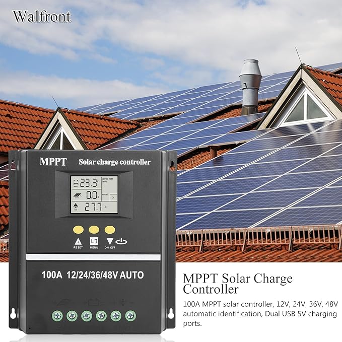 100A MPPT Solar Charge Controller Solar Panel Regulator 12V/24V/36V/48V Dual USB Ports Overload Temp Protection with 7 Work Modes for Gel Flooded LifePO4 Battery Charging