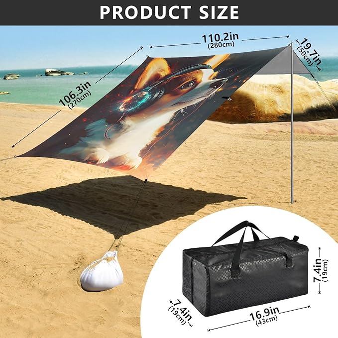 ALAZA Corgi Wearing Headphones Beach Tent Sun Shelter Portable Canopy Sunshade for Outdoor Camping Picnics Backyard Fun 10x9 ft