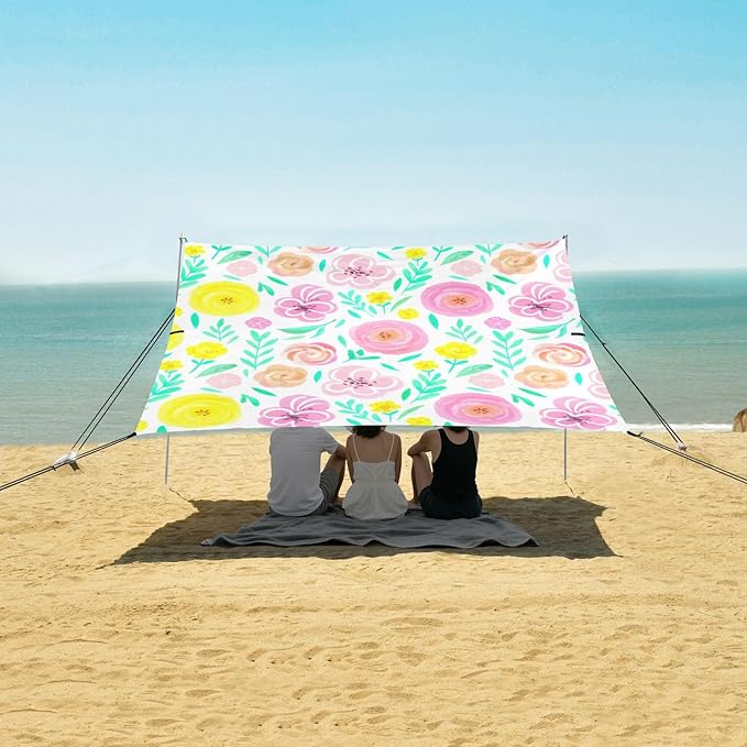 Beach Canopy with Windproof Ropes &amp Sandbags Beach Tent Sun Shade Sun Shelter for Camping Trips Fishing Backyard Fun or Picnics Flowers