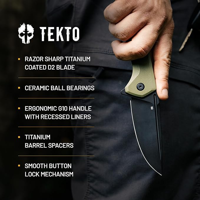 TEKTO F3 Charlie Button Lock Folding Knife Oversized Fine Edge Blade - Easy Open Pocket Knife with Titanium Coated D2 Steel &amp Black Titanium Barrel Spacers