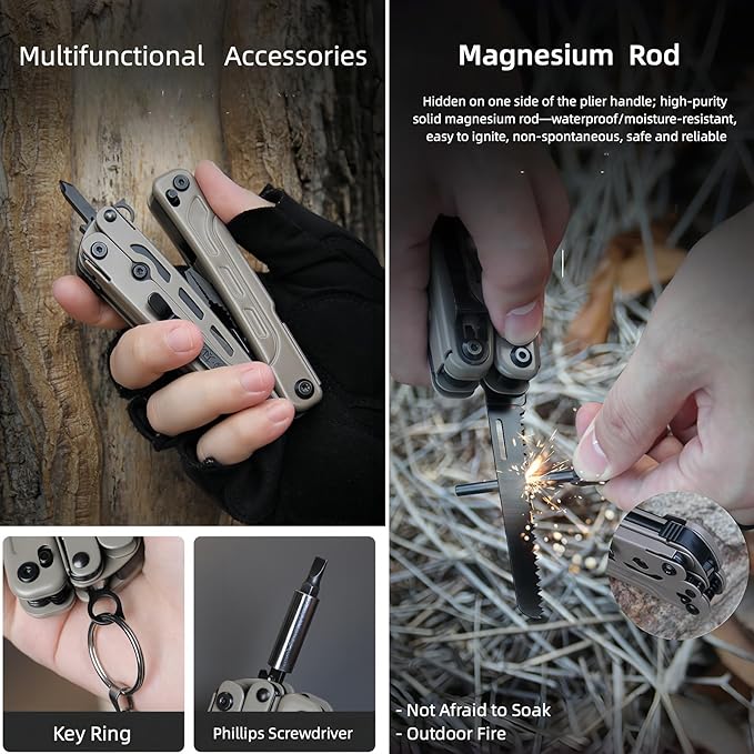 Multitools 20-in-1 Full-Size Lightweight EDC Multi-Purpose PliersWith Safety Locking Knife Tactical Gear Tools Men Gift Ideas Equipment for Emergencies Hiking and Outdoor Camping (Black)