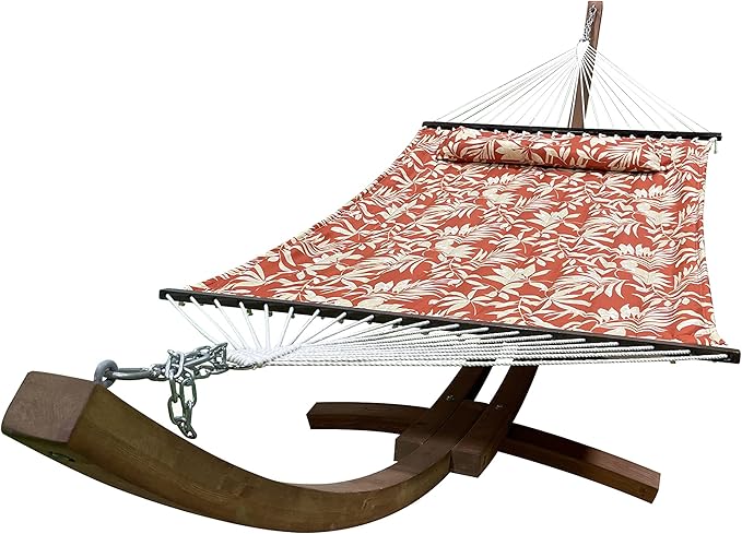 14 Ft. Wooden Arc Hammock Stand + Deluxe Quilted Double Padded Hammock Bed w/Pillow. 2 Person Bed. 450 LB Capacity(Teak Stain/Elegant Floral)