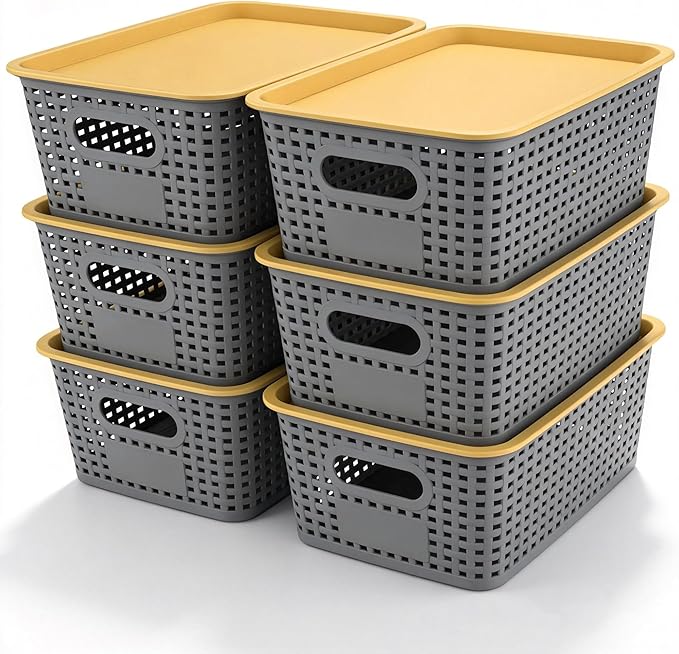 AREYZIN Plastic Storage Bins with LidStackable Storage Bins and Storage Baskets for ShelvesSmall Baskets for Organizing Small Storage Bins10.2x7.2x4.1 Inch6-Pack Gray