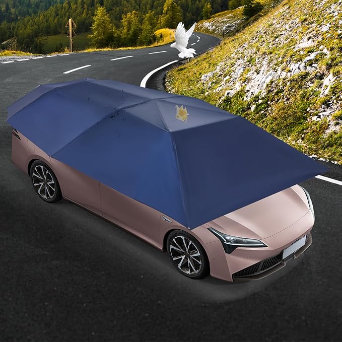 Semi-Automatic Car Tent 13.78x7.2ft Portable Car Sun Shelter with Hydraulic System for Sedan Foldable Car Awning with Carrying Bag for Vehicles Roof Protection (Navy Blue 4.5m)