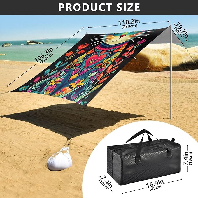 ALAZA Colorful Cat Beach Tent Sun Shelter Portable Canopy Sunshade for Outdoor Camping Picnics Backyard Fun 10x9 ft