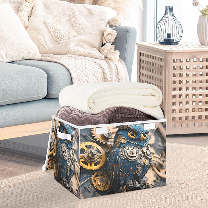 Storage Cube with Lid Steampunk Owl Print 16.5×12.6×11.8 IN Collapsible Large Capacity Foldable Storage Basket Bin Organizer