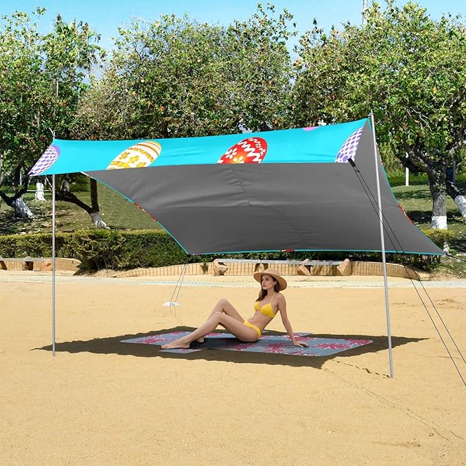 Easter Eggs Blue Beach Tent Sun Shelter Set UPF50+ UV Protection 10.5 x 9.19 FT Camping Shade Canopy with Sandbags Sand Anchors Carrying Bag and Others