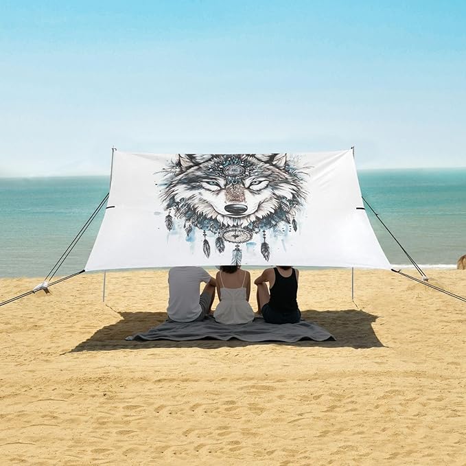 ALAZA Boho Wolf Head Hand Draw Beach Tent Sun Shelter UPF50+ Protection Beach Shade Canopy w/ 4 Sandbags for Outdoor Camping Fishing Backyard Fun Picnic 10x9 ft