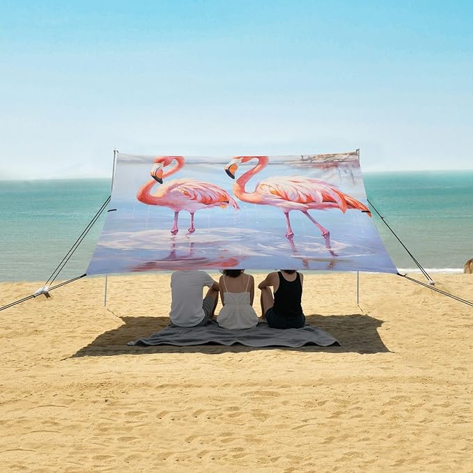 ALAZA Two Cute Flamingos Walking in The Water Swirls Beach Tent Sun Shelter Portable Canopy Sunshade for Outdoor Camping Picnics Backyard Fun 10x9 ft