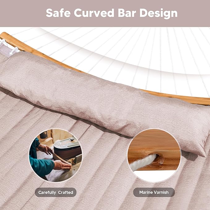 SUNCREAT 55 Inch Large Double Hammock with Stand 450lbs Capacity Outdoor Portable Hammock with Curved Spreader Bar Extra Large Pillow Tan