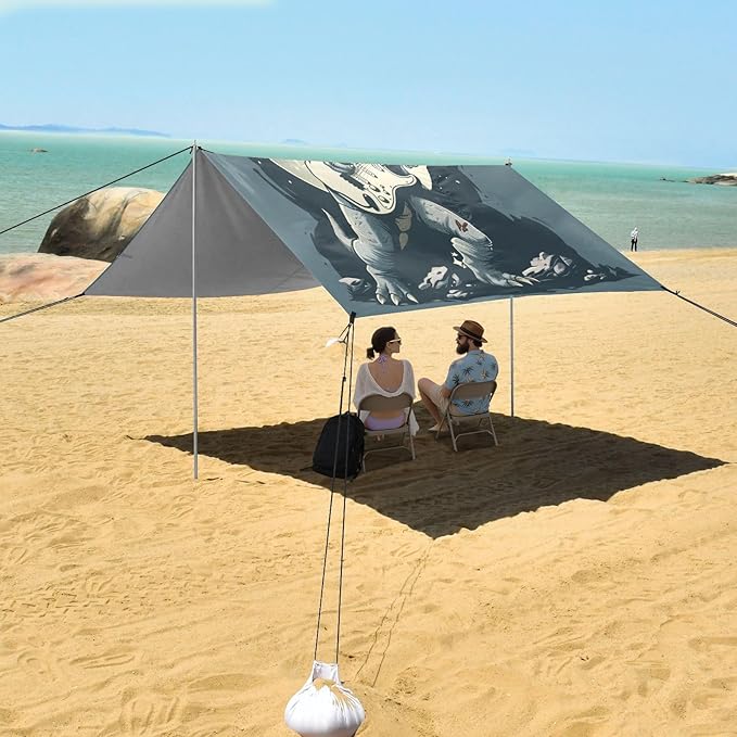 ALAZA Dinosaur Guitar Moon Musician Beach Tent Sun Shelter UPF50+ Protection Beach Shade Canopy w/ 4 Sandbags for Outdoor Camping Fishing Backyard Fun Picnic 10x9 ft